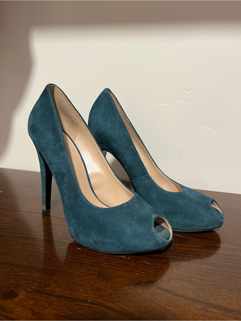 Nine West Teal Suede Peep-Toe High Heels